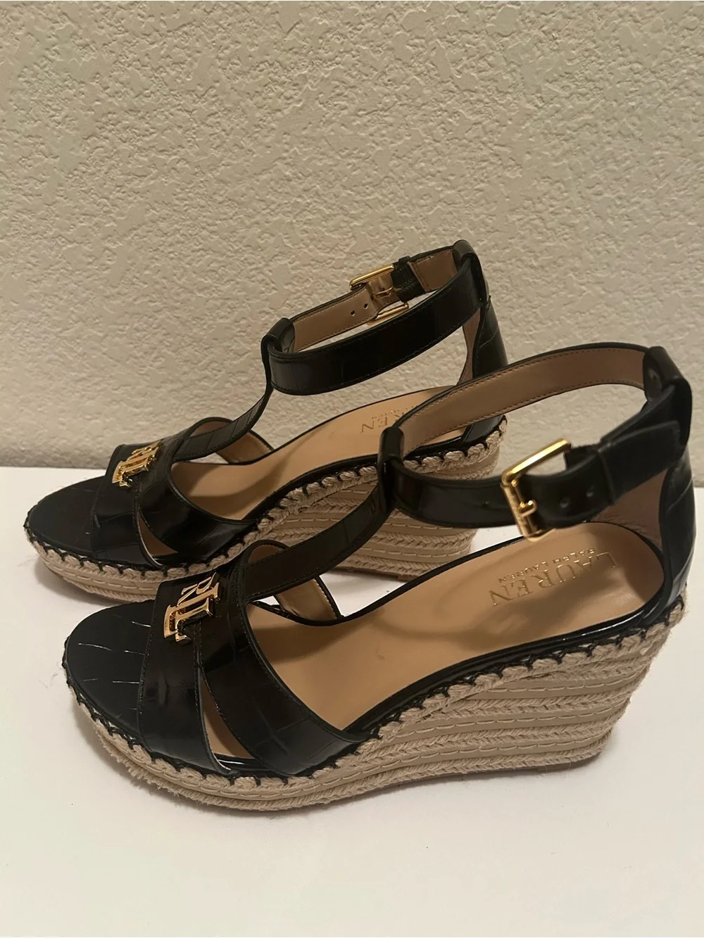 Ralph Lauren Black Patent Leather Espadrille Wedges with Gold RL Logo